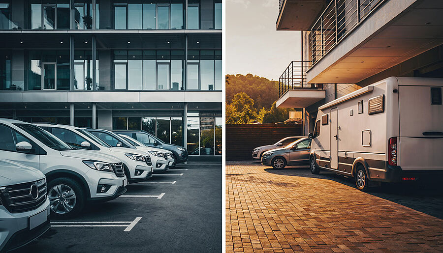 Splitbild Firmenautos und Privat Autos